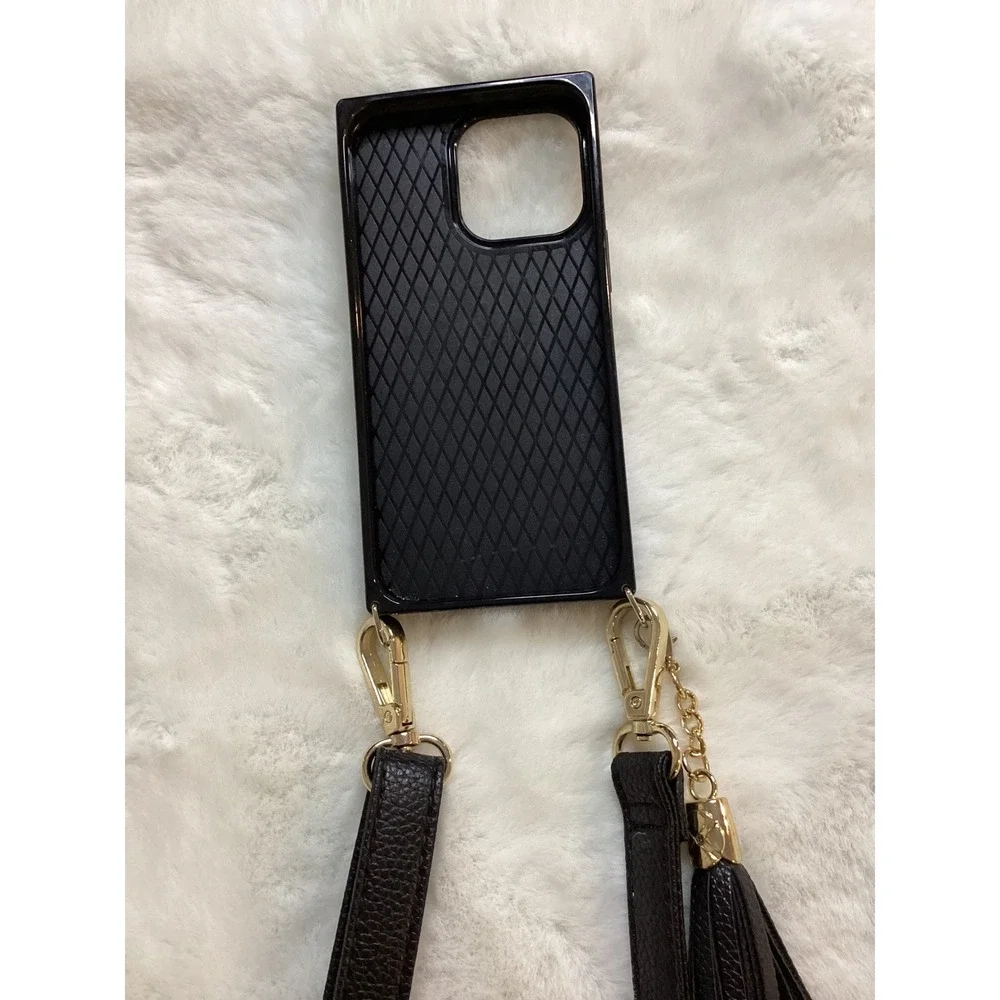 Black Leather Phone Case Wallet Crossbody Strap Tassel Gold‎ Hardware